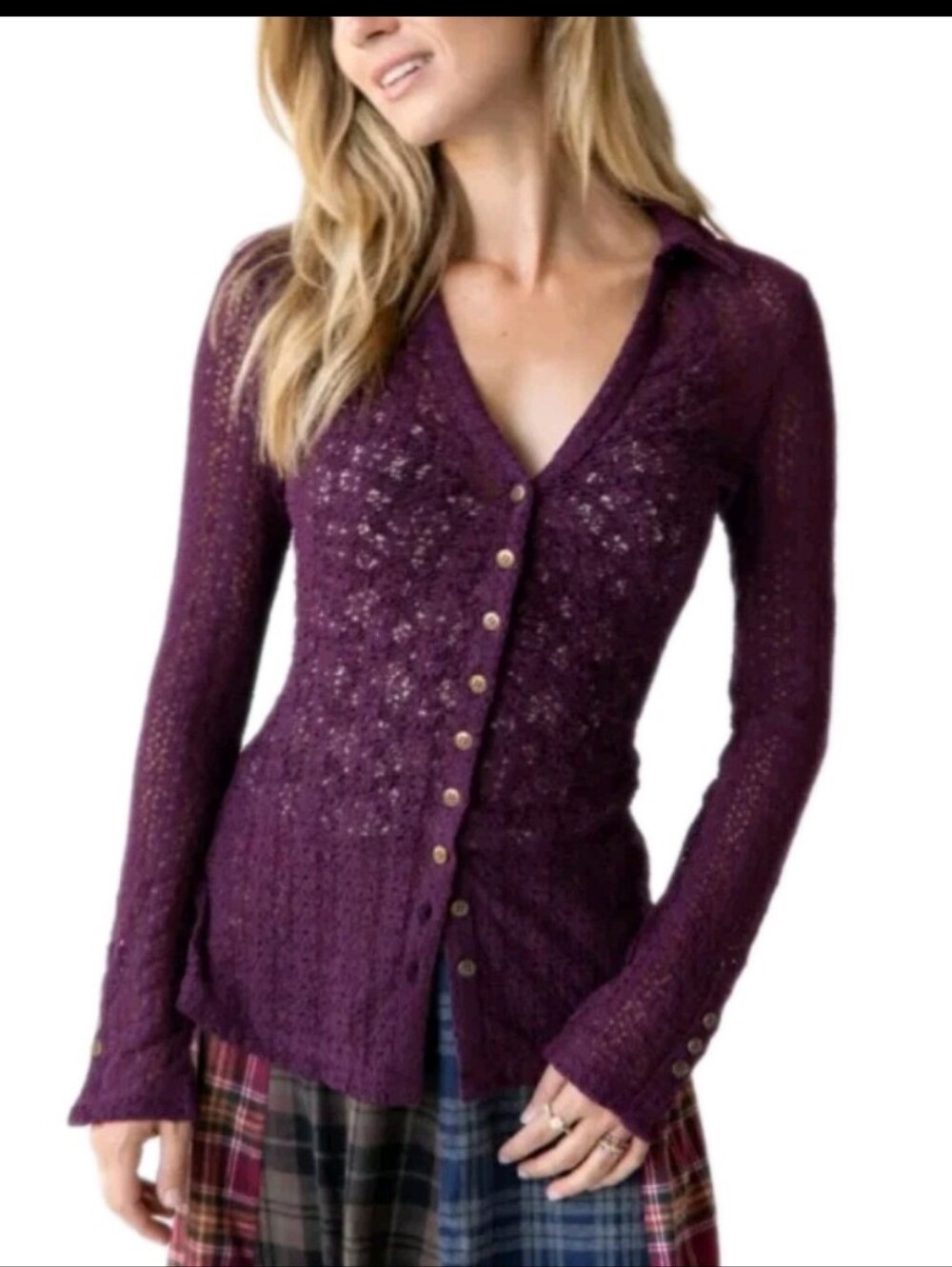 Natural Life Carina All Lace Top Eggplant Purple Button Up Blouse Size Large - Picture 4 of 13